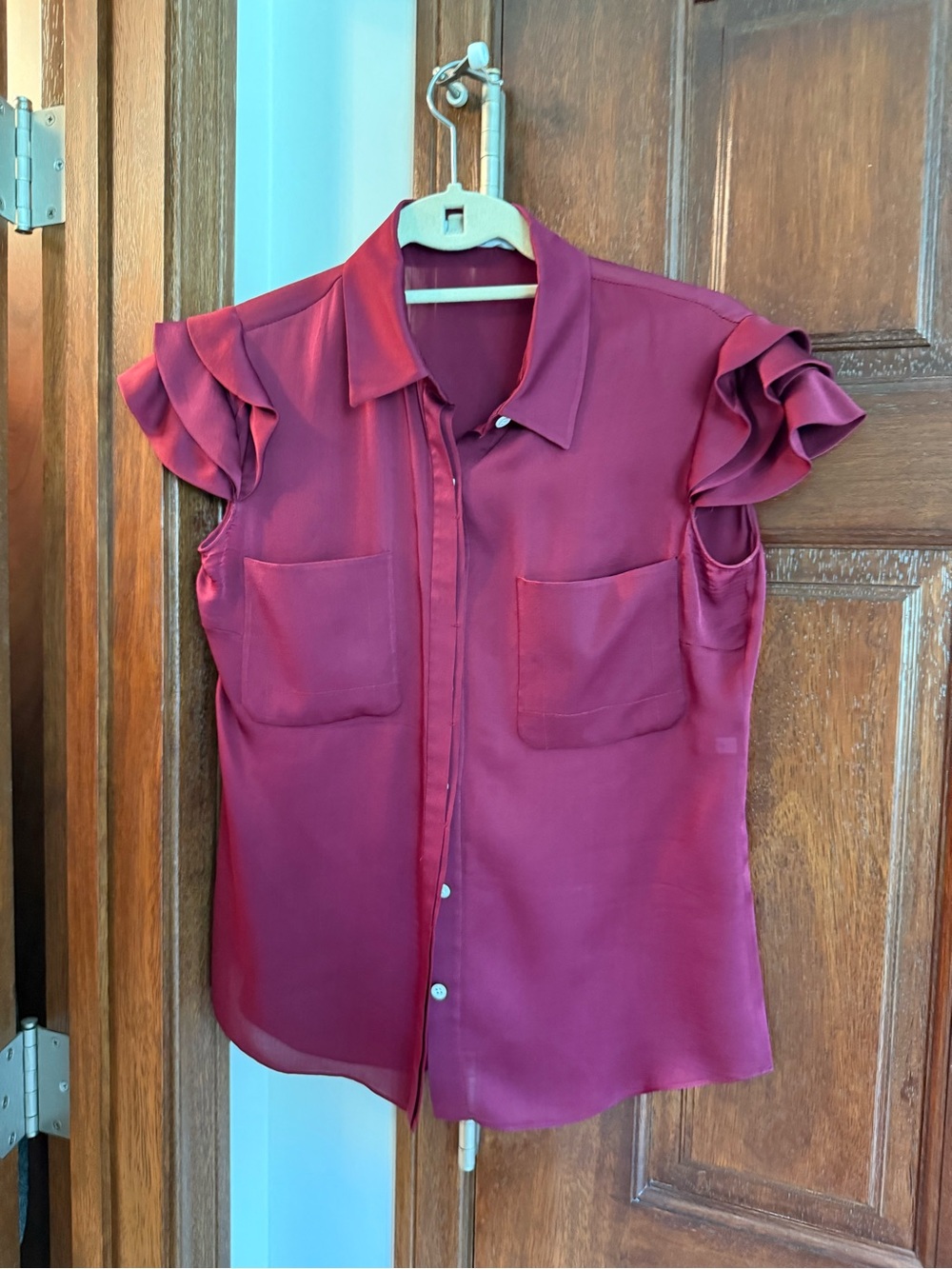 Valentino Silk Burgundy Ruffle Sleeve Blouse Size 6 Made in Italy